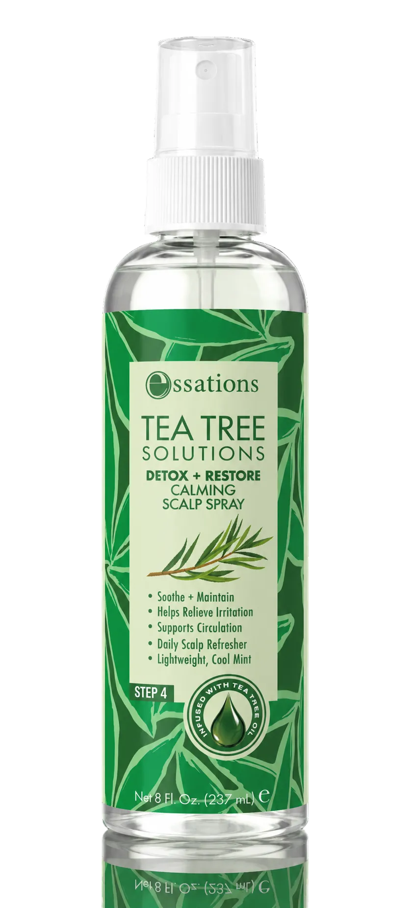 A bottle of Essations Tea Tree Solutions Calming Scalp Spray on a solid black background with a reflection below. The bottle is clear, showing the liquid inside, and features a prominent green label with white text and illustrations of tea tree leaves.