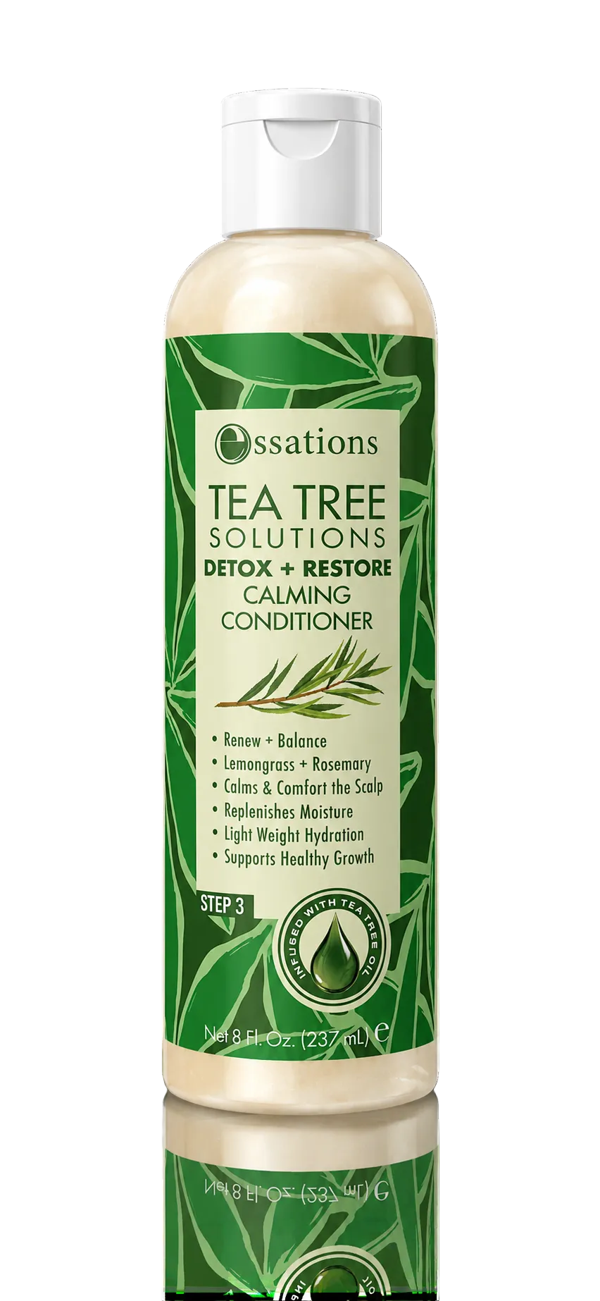 A bottle of Essations Tea Tree Solutions Detox + Restore Calming Conditioner, featuring a green and white label with a white cap, set against a solid black background with a reflection below.